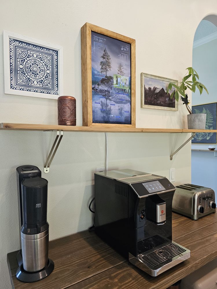 LibertyLab display in a kitchen above a coffee station