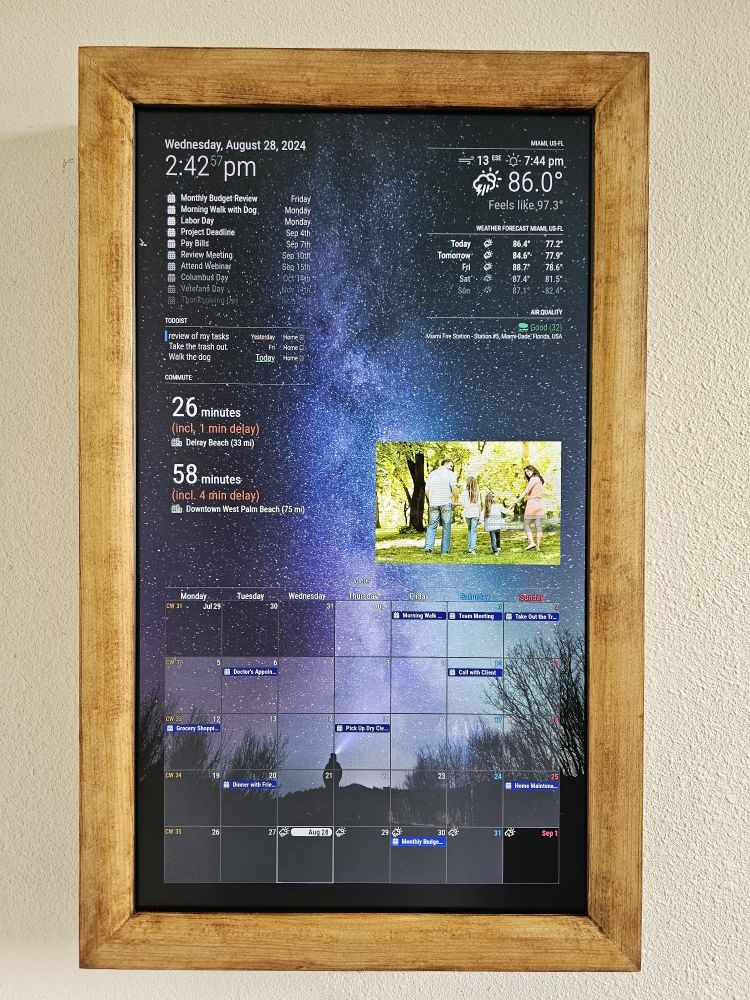 LibertyLab display showing starry wallpaper with calendar and weather